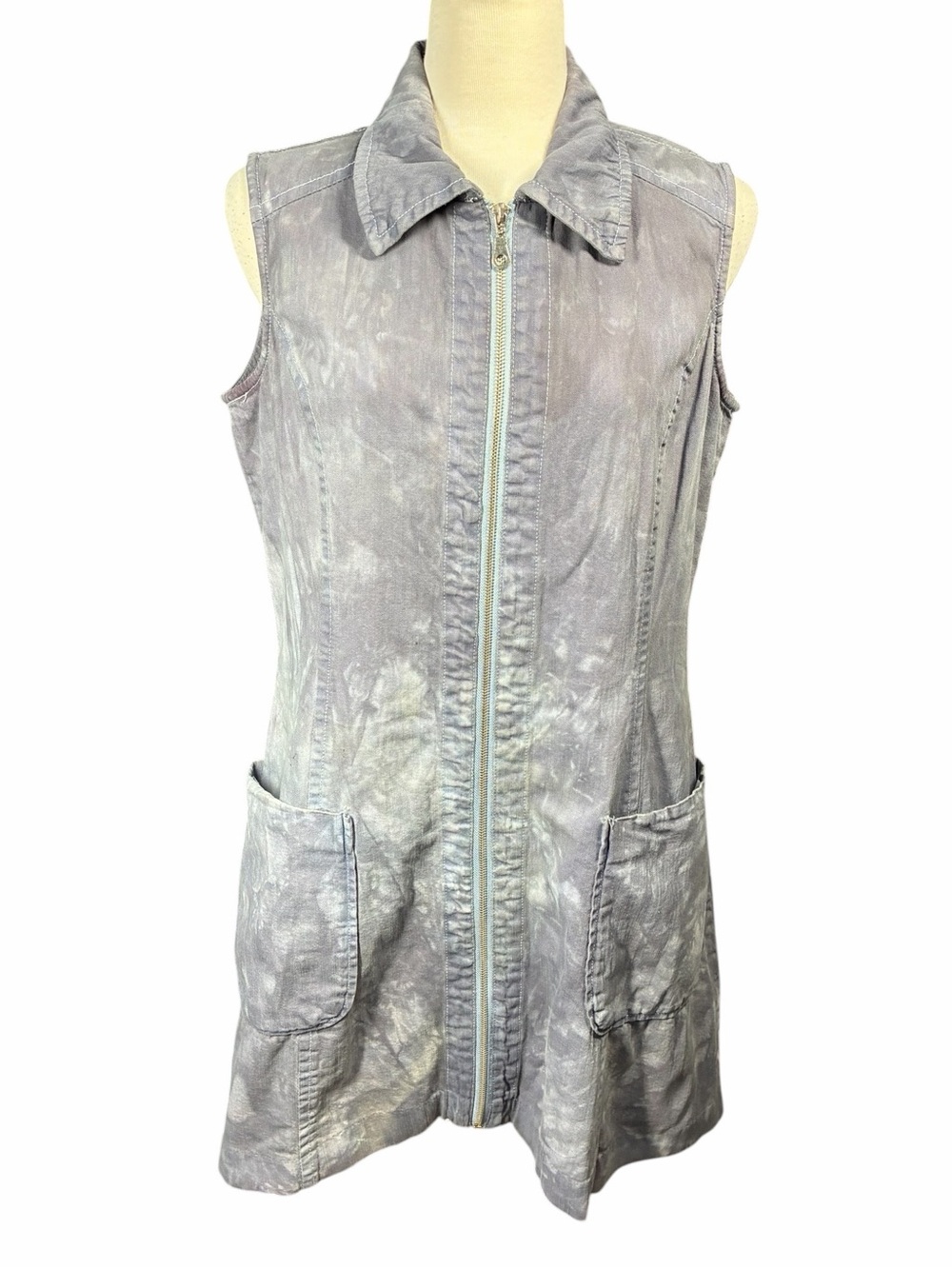 Hope & Harlow Acid Washed Blue Gray Sleeveless Zip Front Collared Dress Size 6